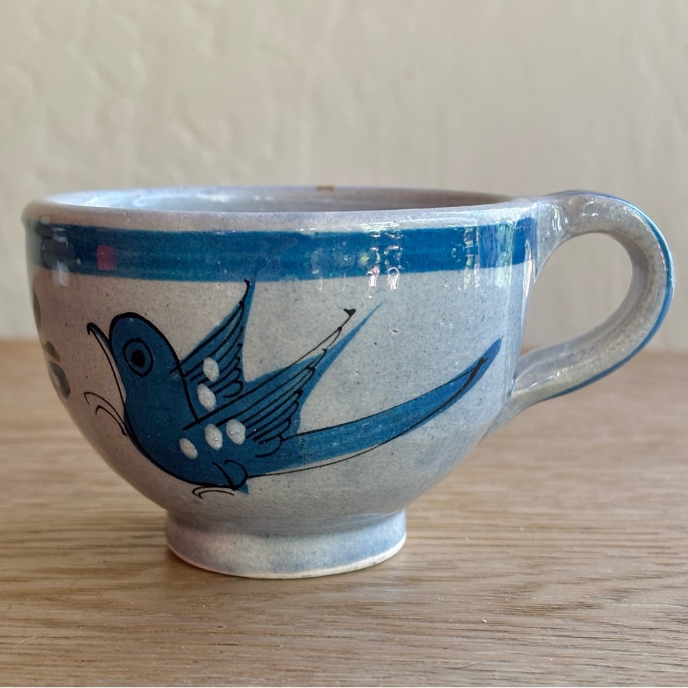 Artist Signed Tonala Blue & Grey Blue Mexican Folk Art Hand Painted Tea Cup